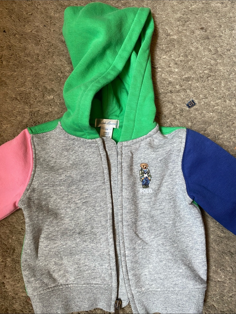 Polo by Ralph Lauren Gray Zip Hoodie with Green Hood, Pink & Blue Sleeves